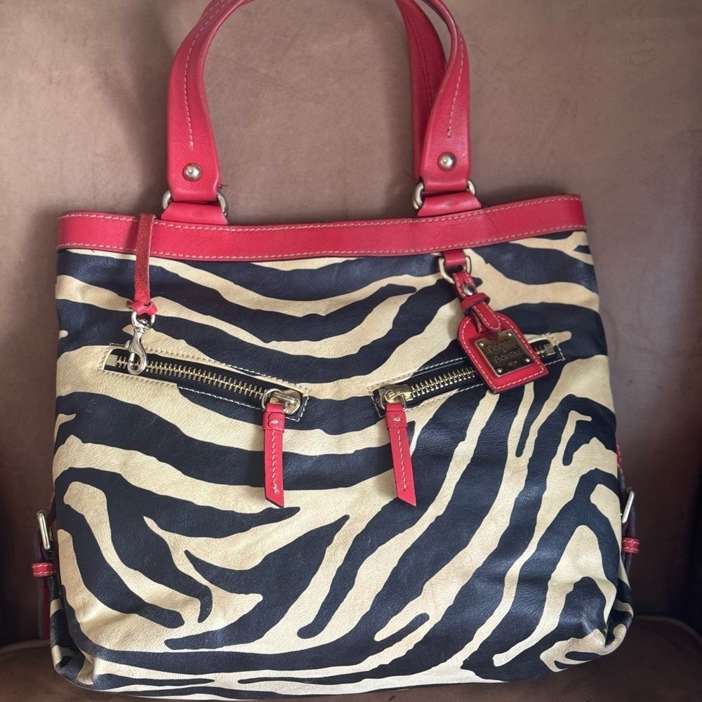 Dooney & Bourke Black and Cream Zebra Print Shoulder Bag with Red Trim